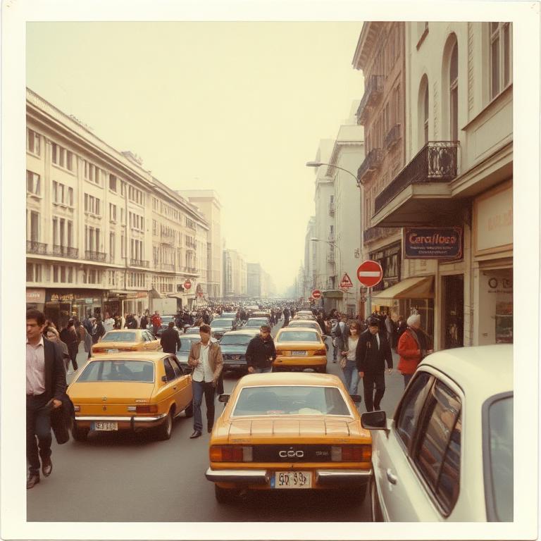 Scratched polaroid of a crowded city street with old cars