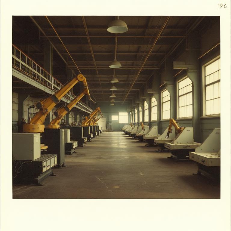Scratched polaroid of an abandoned factory floor with robotic arms