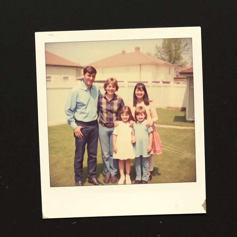 Scratched polaroid of a family in a suburban backyard before the cataclysm