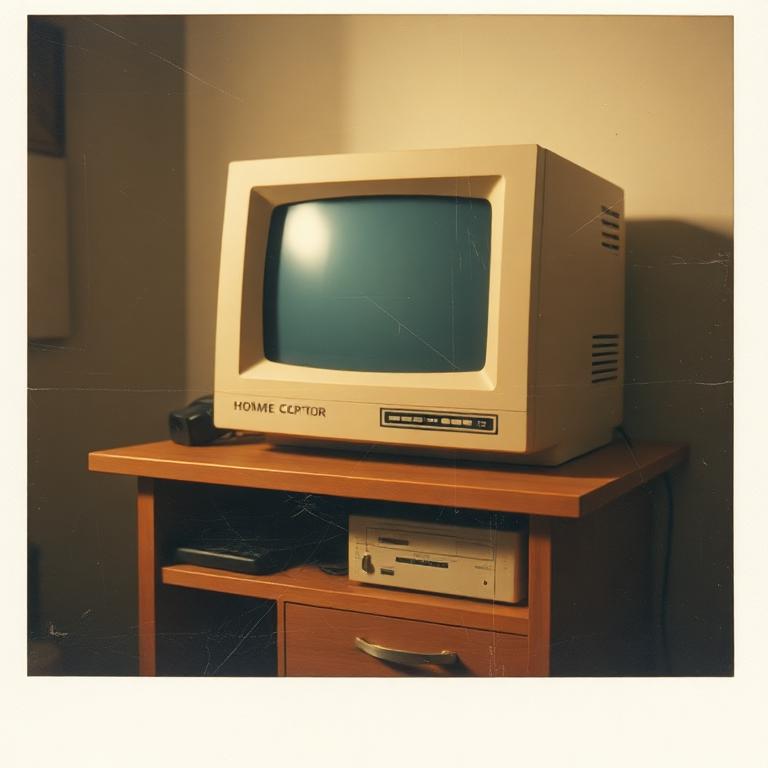 Scratched polaroid of an old home computer with a glowing CRT monitor