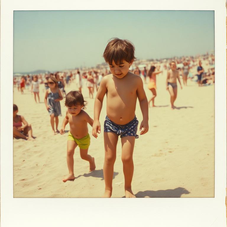 Scratched polaroid of children playing on a crowded beach
