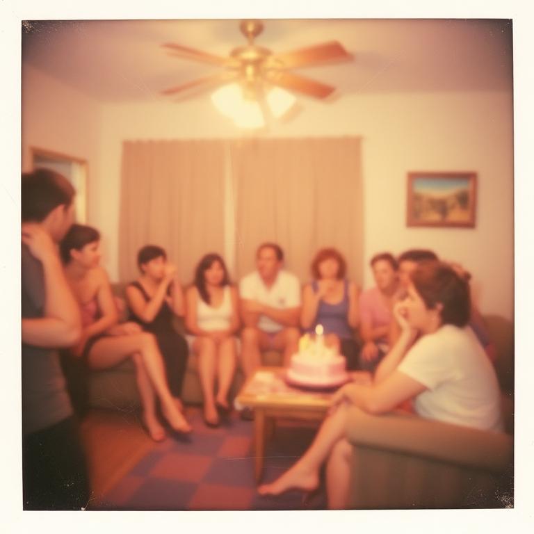Scratched polaroid of a blurry indoor birthday party at night