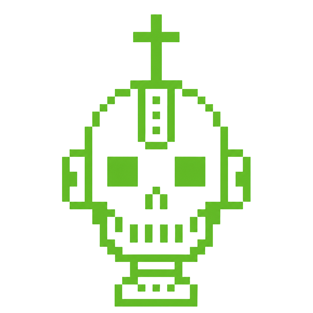Requiem For The Robots pixel isotype: a robot skull crowned with an antenna cross